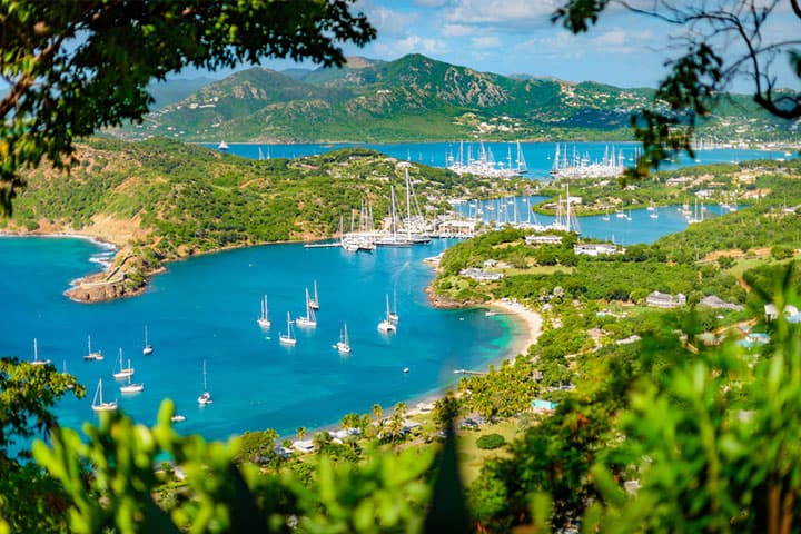 Nelson's Dockyard, Antigua, showing historic harbor and modern luxury yachts