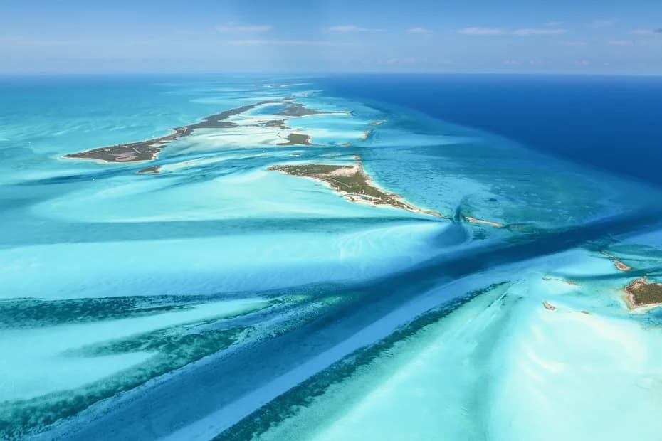 Aerial view of Exumas with crystal clear turquoise waters, perfect for luxury yacht charters