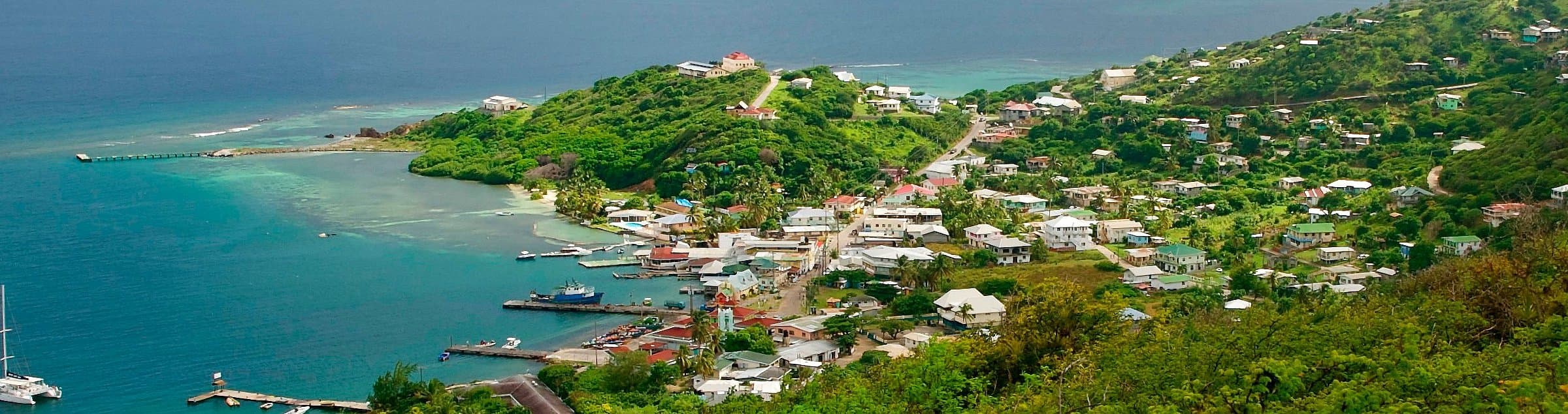 Aerial view of Tobago Cays Marine Park with pristine reefs and turquoise waters